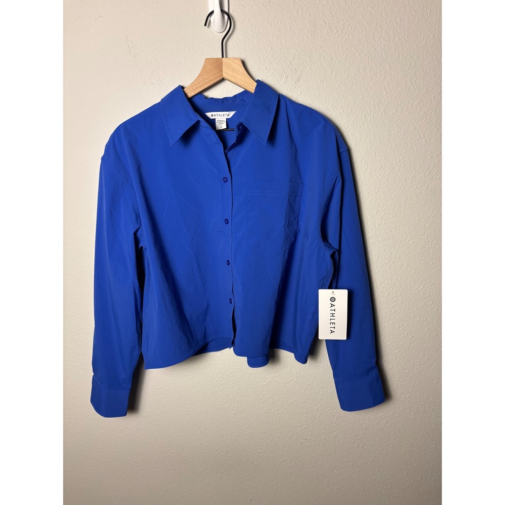 Athleta Midday Cropped Shirt Royal Blue Button Down UPF 40 L NEW